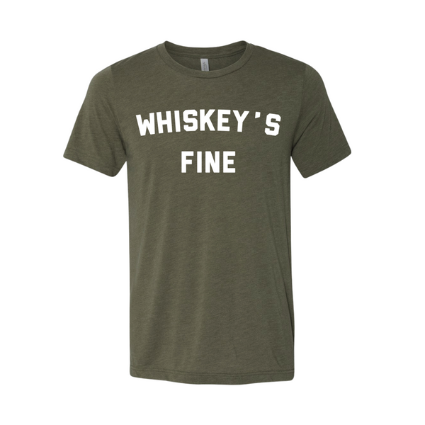 Whiskey's fine white writing green tee product shot Adam Doleac